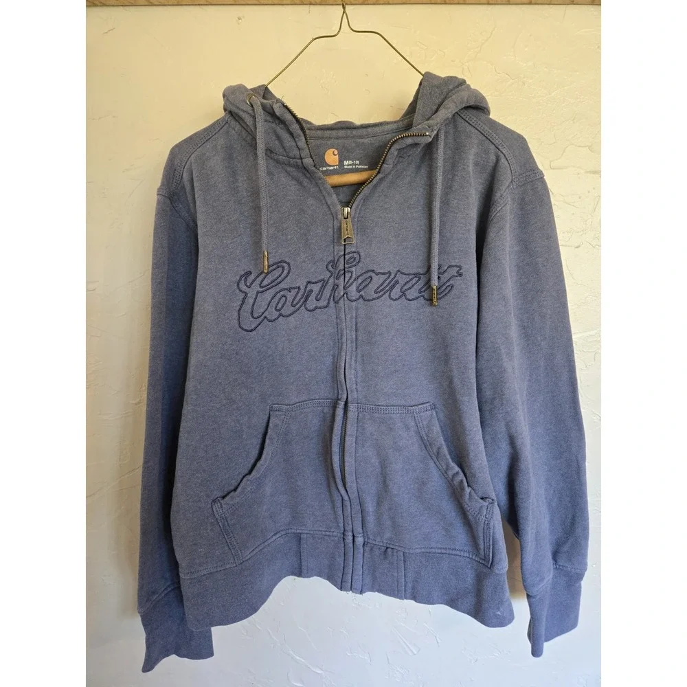 Carhartt Spellout‎ Full Zip Up Hoodie YOUTH 8/10 Sweatshirt Gray/blue